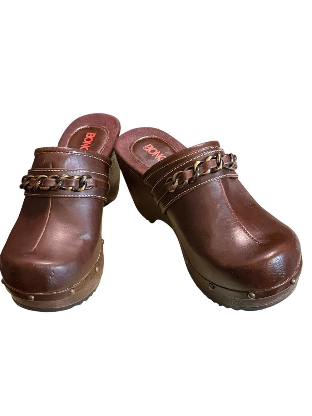 Bongo Brown Leather Platform Clog Mules Chain Detail Size 8 - Picture 3 of 8